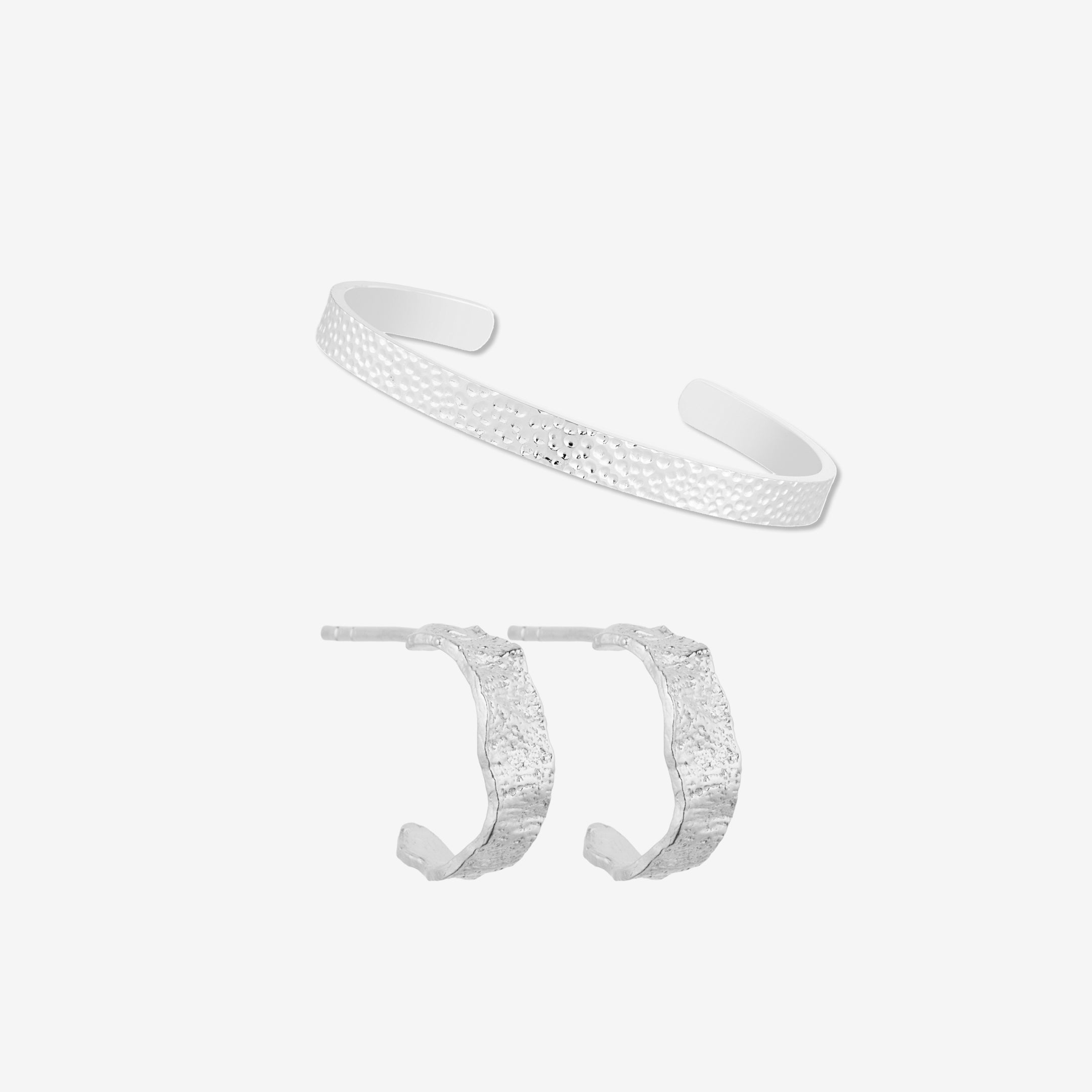 Hamret Bangle og Hoops Sølv Sett