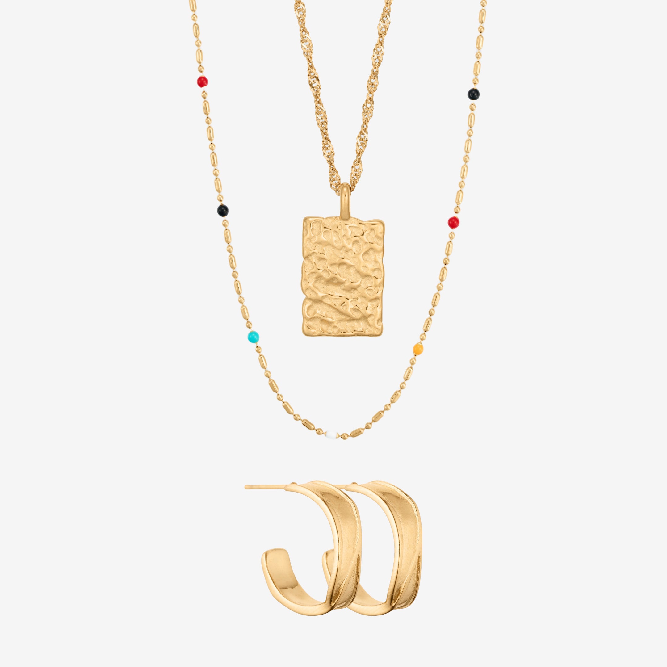Multi og Chunky Hoop Sett: 2 halskjeder & 1 øredobb
